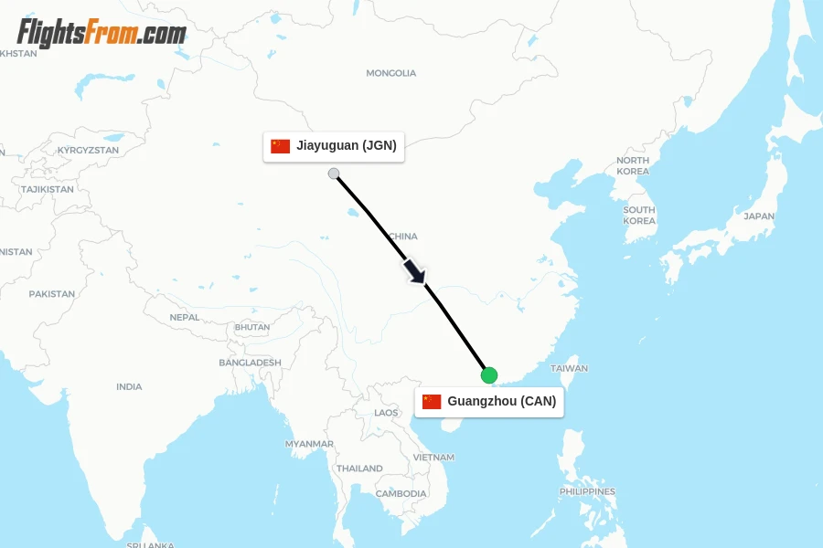 Flights from Jiayuguan to Guangzhou route map