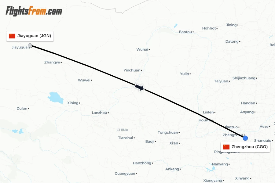Flights from Jiayuguan to Zhengzhou route map