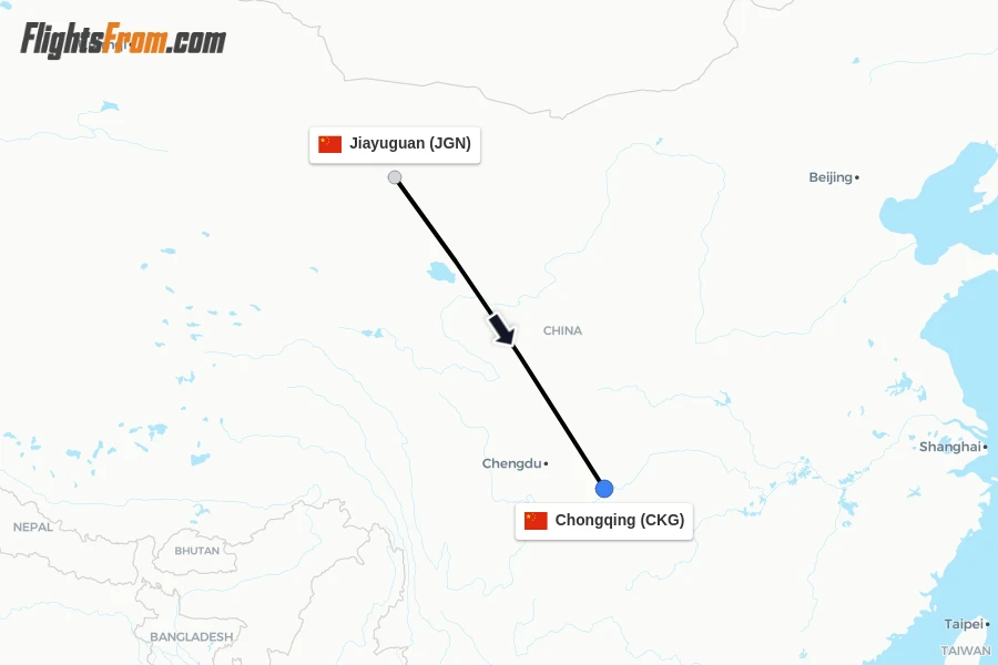 Flights from Jiayuguan to Chongqing route map