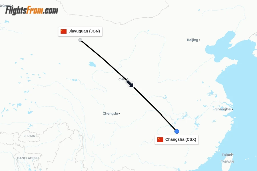 Flights from Jiayuguan to Changsha route map
