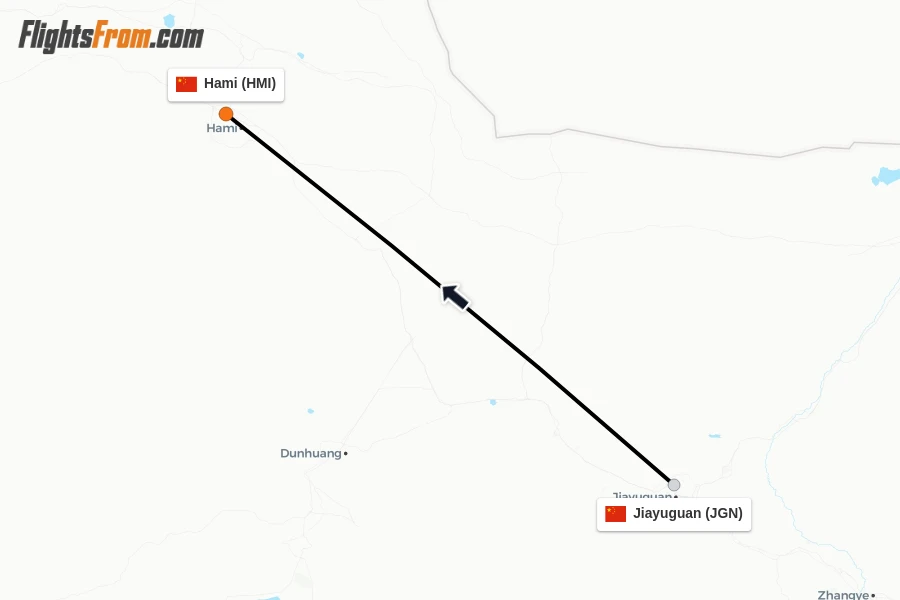 Flights from Jiayuguan to Hami route map