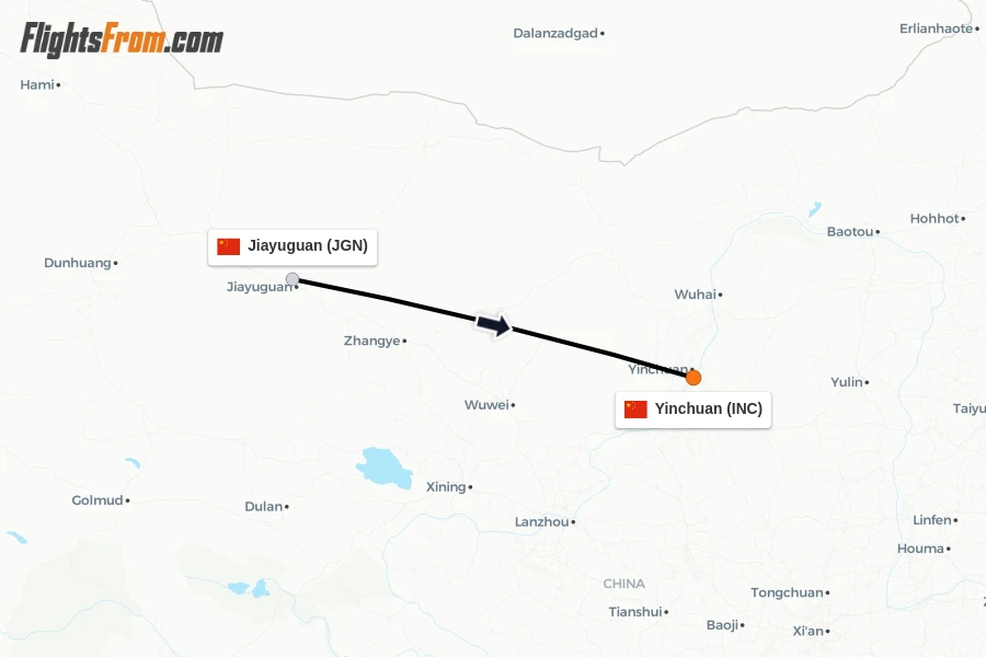 Flights from Jiayuguan to Yinchuan route map