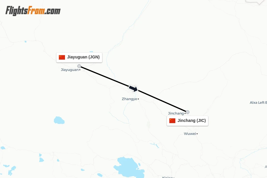 Flights from Jiayuguan to Jinchang route map