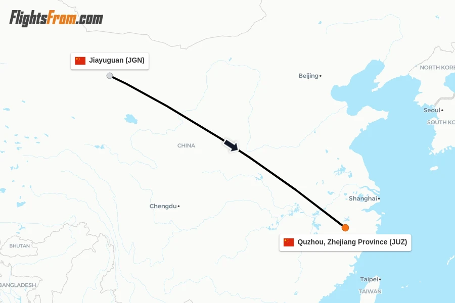 Flights from Jiayuguan to Quzhou, Zhejiang Province route map