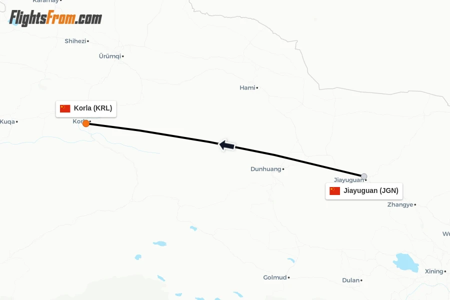Flights from Jiayuguan to Korla route map