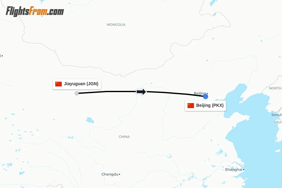 Flights from Jiayuguan to Beijing route map