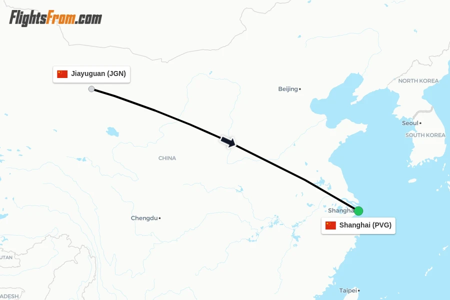Flights from Jiayuguan to Shanghai route map