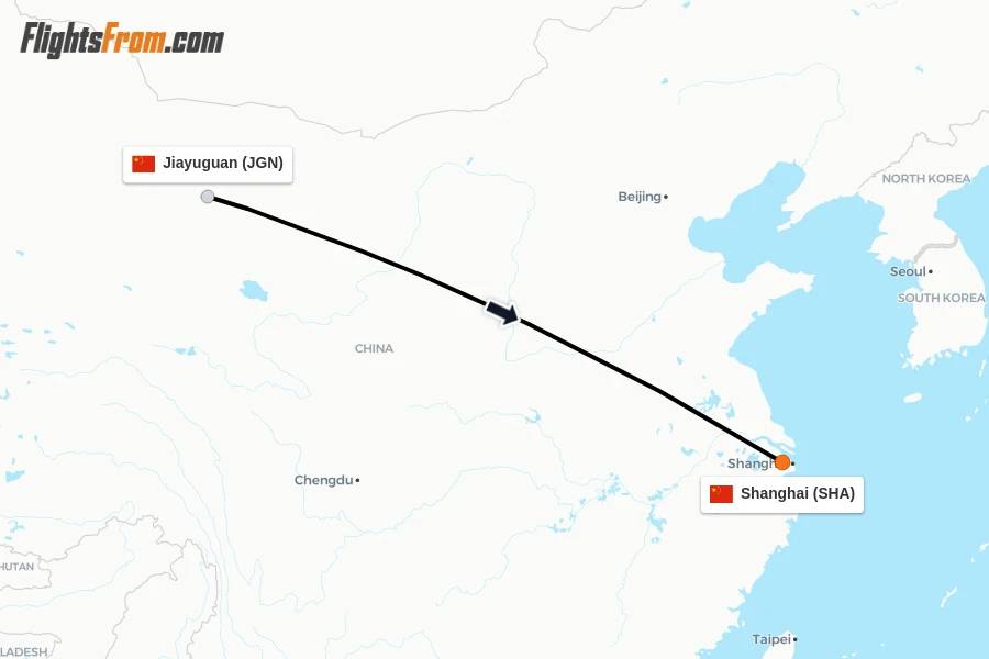 Flights from Jiayuguan to Shanghai route map