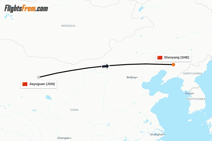 Flights from Jiayuguan to Shenyang route map