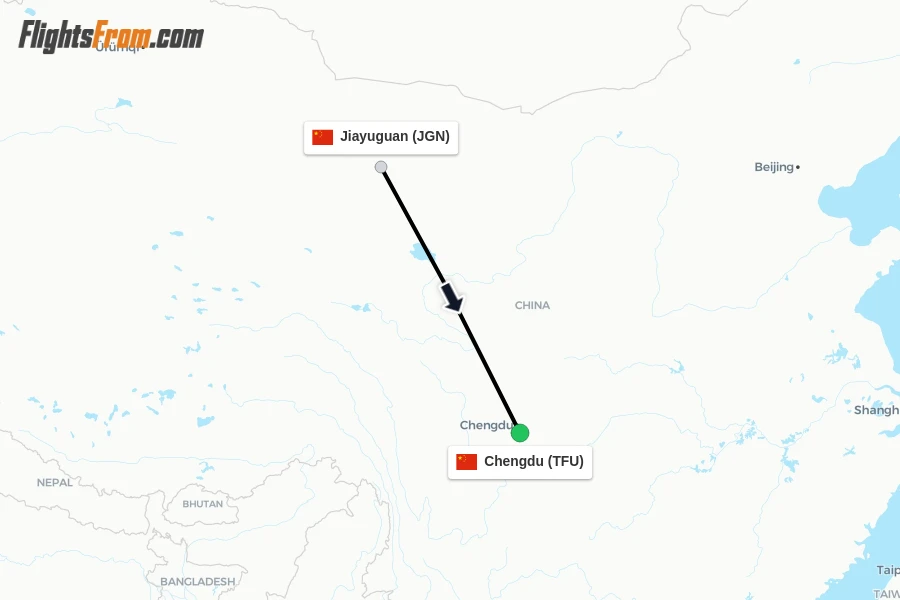 Flights from Jiayuguan to Chengdu route map