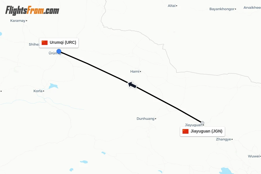 Flights from Jiayuguan to Urumqi route map