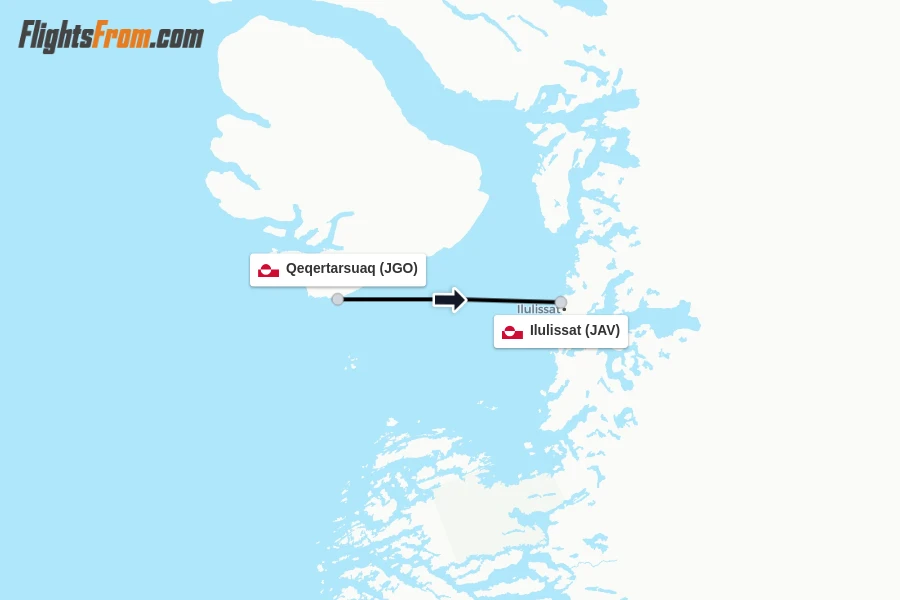 Flights from Qeqertarsuaq to Ilulissat route map