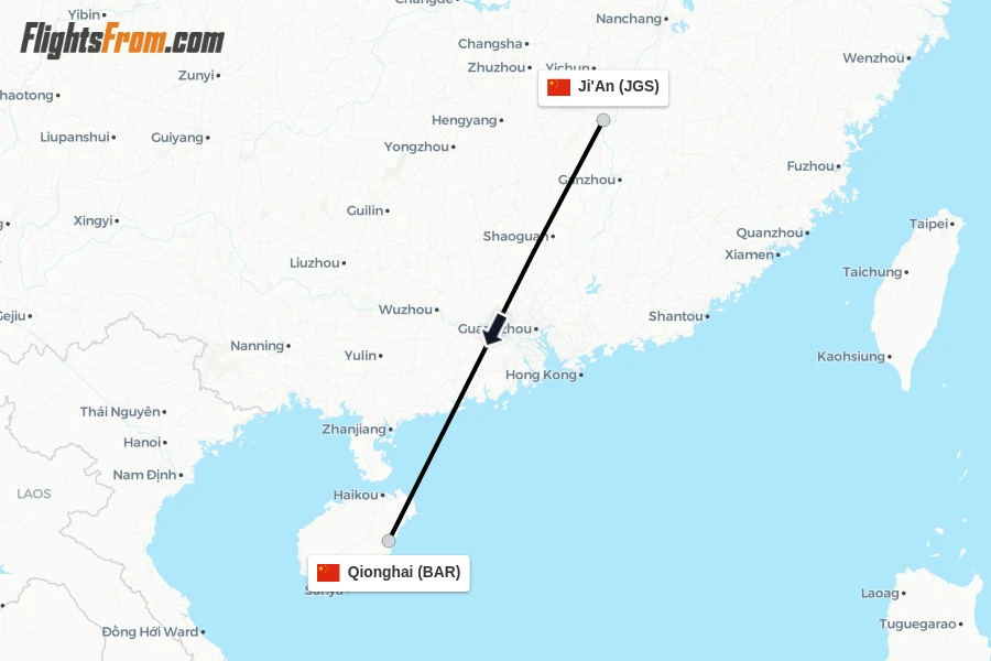 Flights from Ji'An to Qionghai route map
