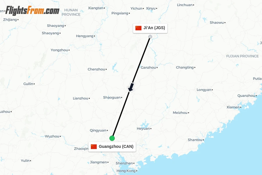 Flights from Ji'An to Guangzhou route map
