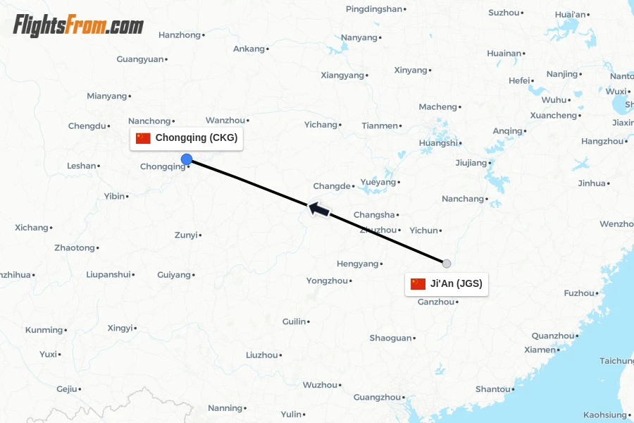 Flights from Ji'An to Chongqing route map