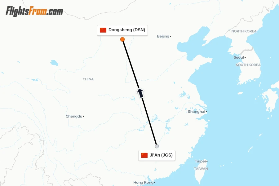Flights from Ji'An to Dongsheng route map