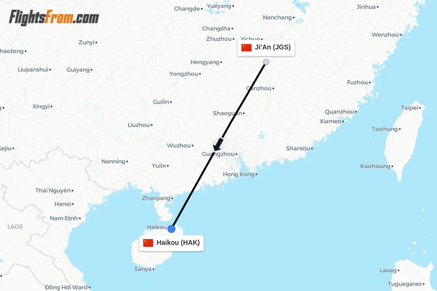 Flights from Ji'An to Haikou route map