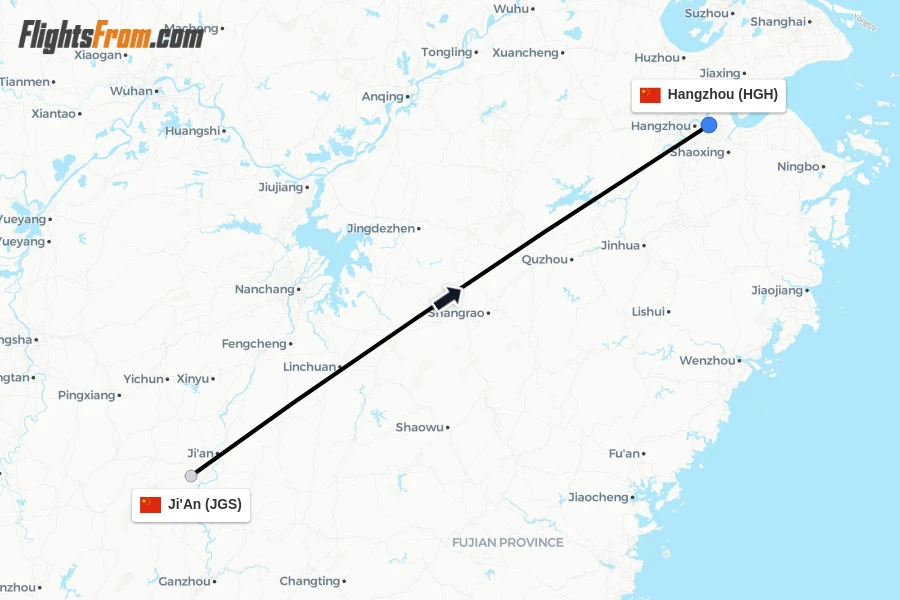 Flights from Ji'An to Hangzhou route map