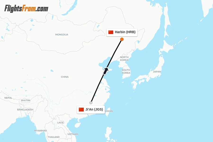 Flights from Ji'An to Harbin route map