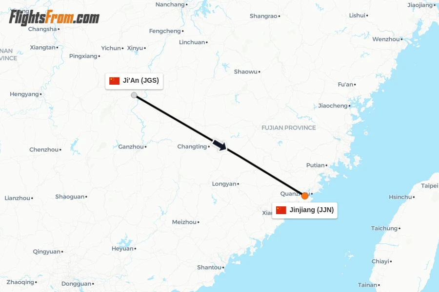Flights from Ji'An to Jinjiang route map