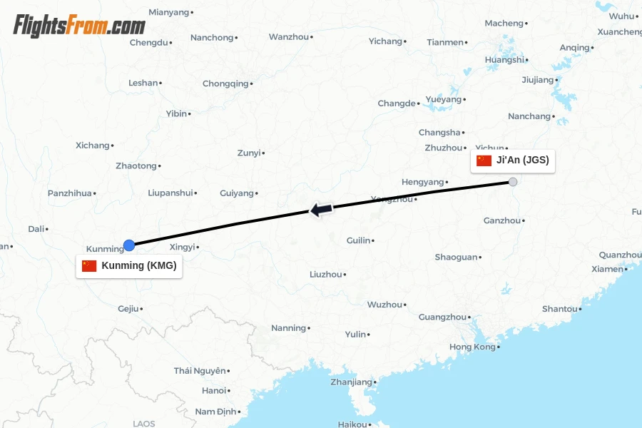 Flights from Ji'An to Kunming route map