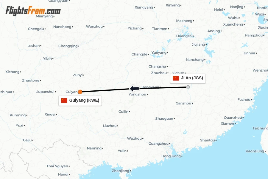 Flights from Ji'An to Guiyang route map