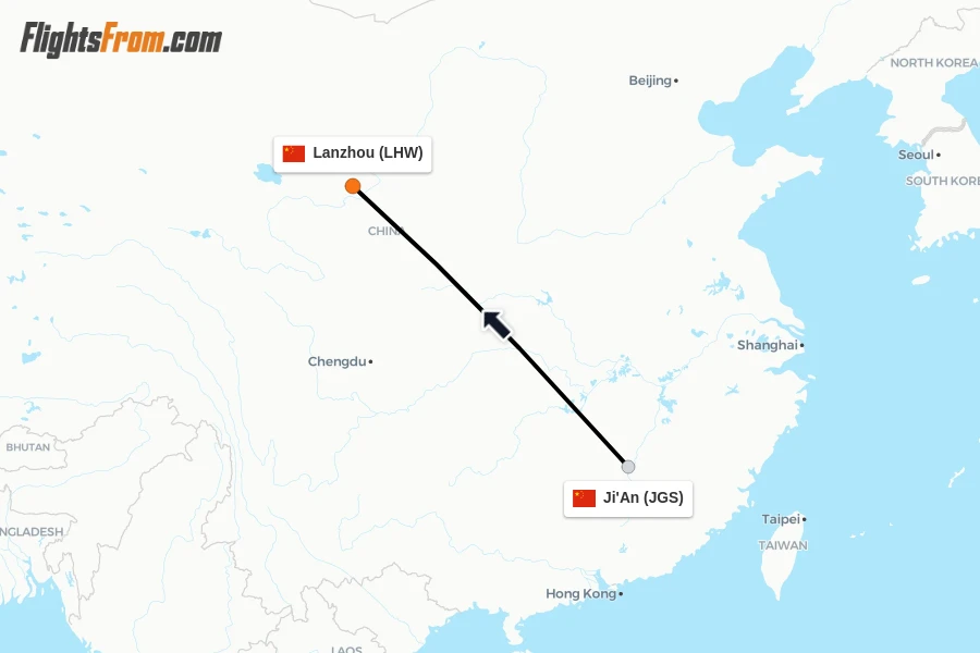 Flights from Ji'An to Lanzhou route map