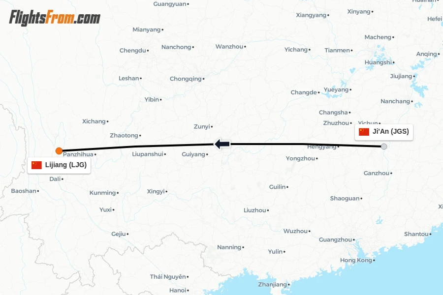 Flights from Ji'An to Lijiang route map
