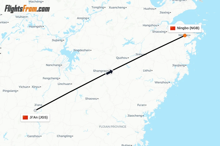Flights from Ji'An to Ningbo route map