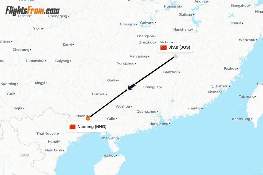 Flights from Ji'An to Nanning route map