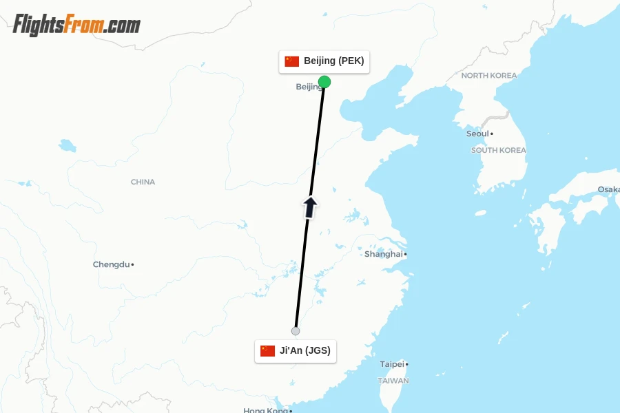 Flights from Ji'An to Beijing route map