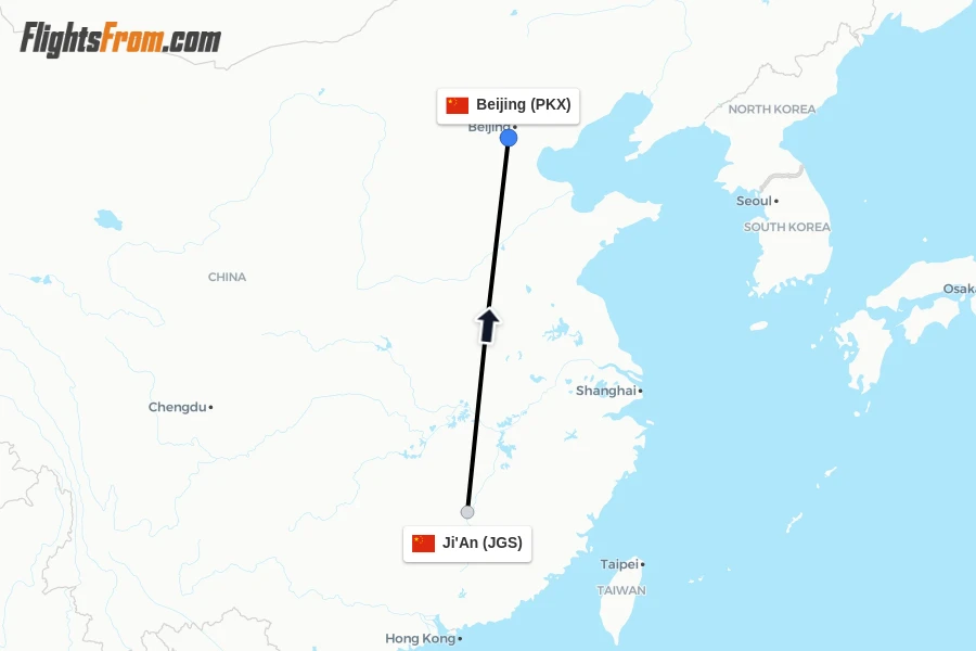 Flights from Ji'An to Beijing route map