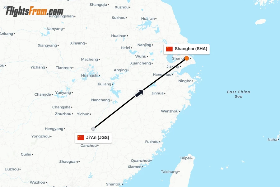 Flights from Ji'An to Shanghai route map