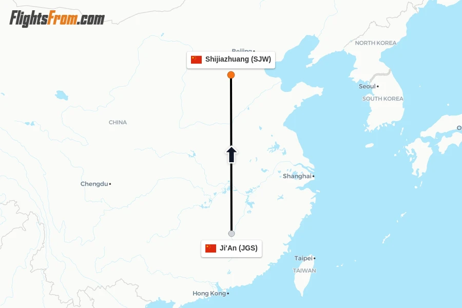 Flights from Ji'An to Shijiazhuang route map