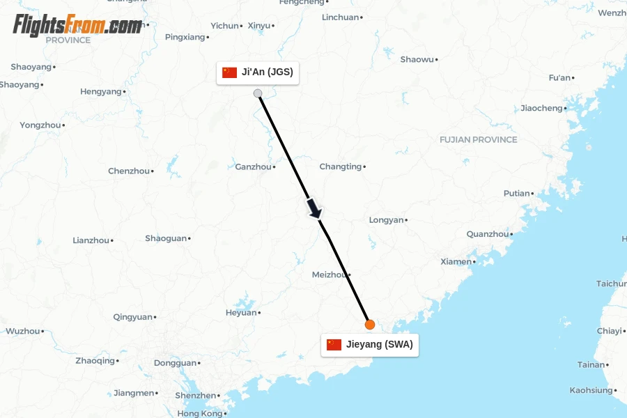 Flights from Ji'An to Jieyang route map