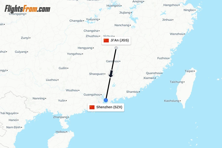 Flights from Ji'An to Shenzhen route map