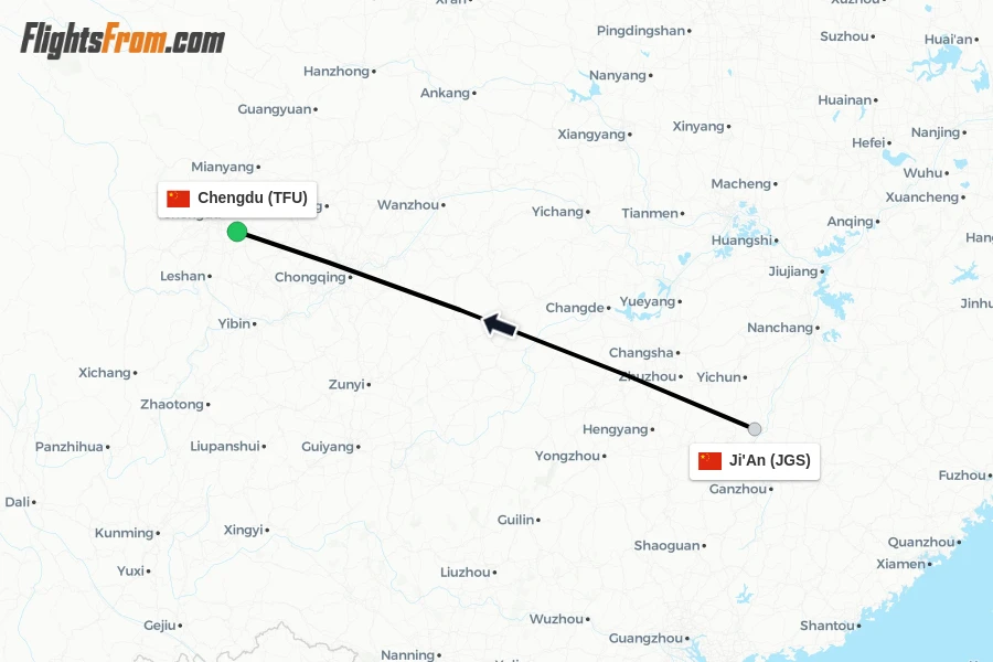 Flights from Ji'An to Chengdu route map