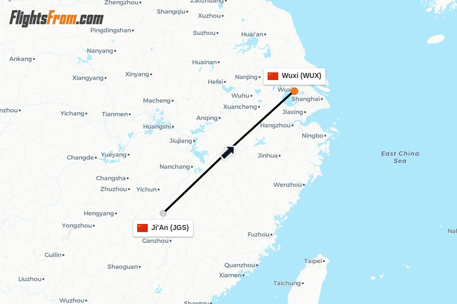 Flights from Ji'An to Wuxi route map