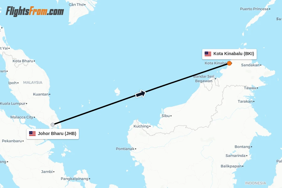 Flights from Johor Bharu to Kota Kinabalu route map