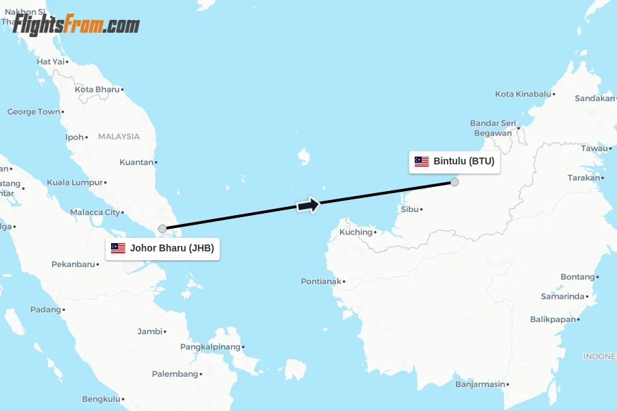 Flights from Johor Bharu to Bintulu route map
