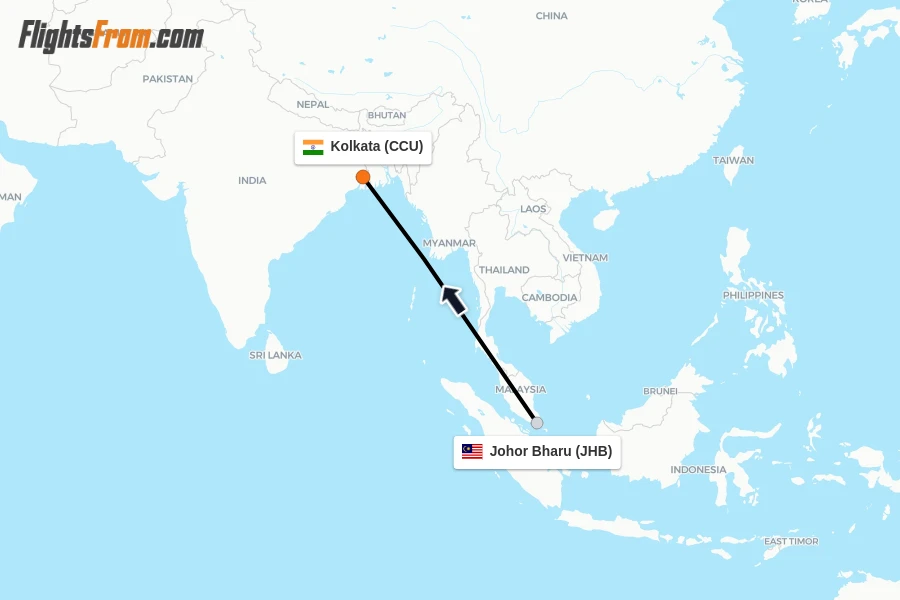 Flights from Johor Bharu to Kolkata route map