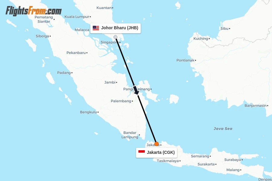 Flights from Johor Bharu to Jakarta route map