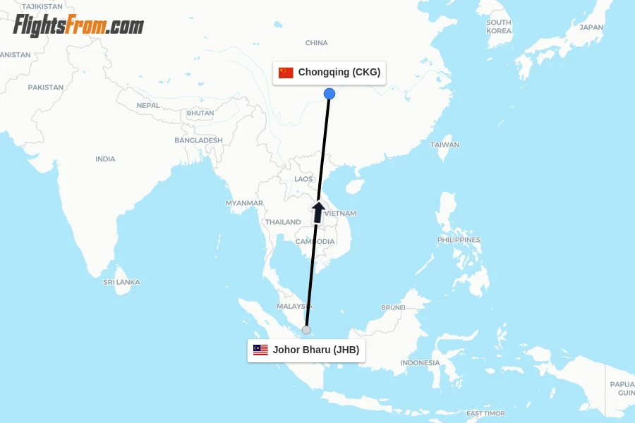 Flights from Johor Bharu to Chongqing route map