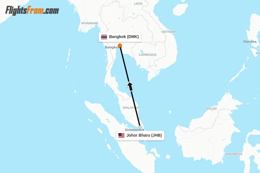 Flights from Johor Bharu to Bangkok route map