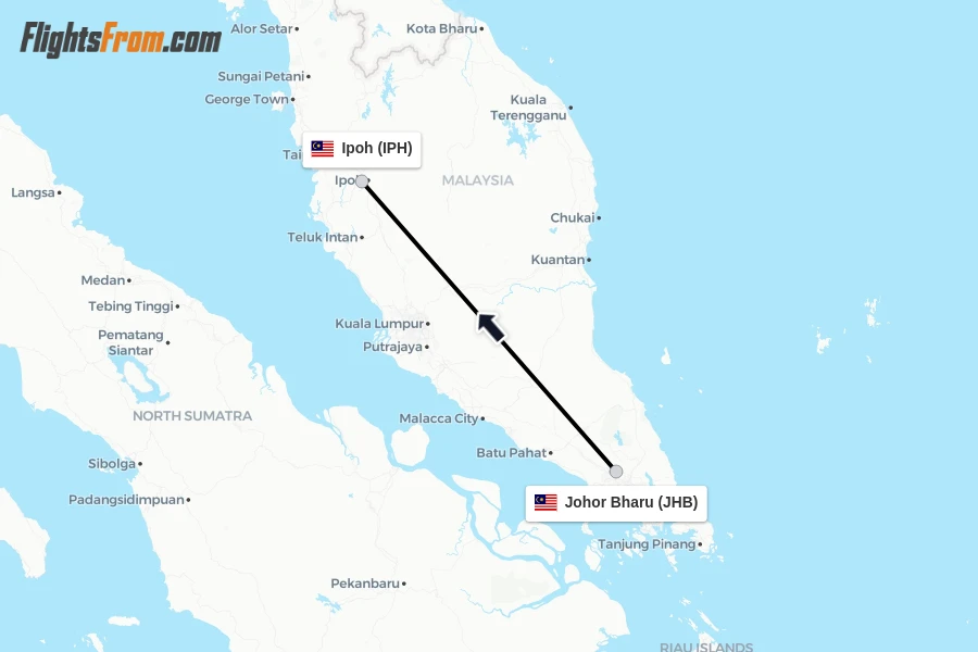 Flights from Johor Bharu to Ipoh route map