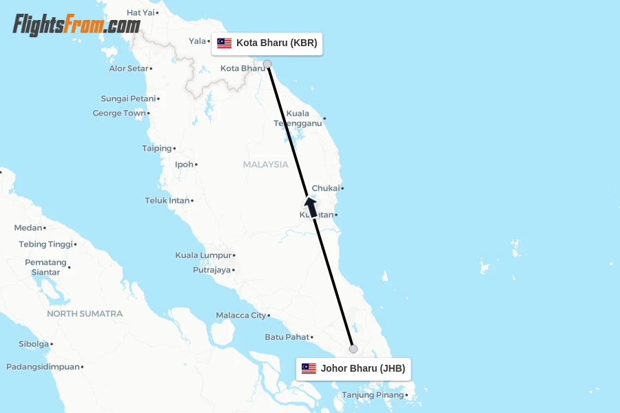 Flights from Johor Bharu to Kota Bharu route map