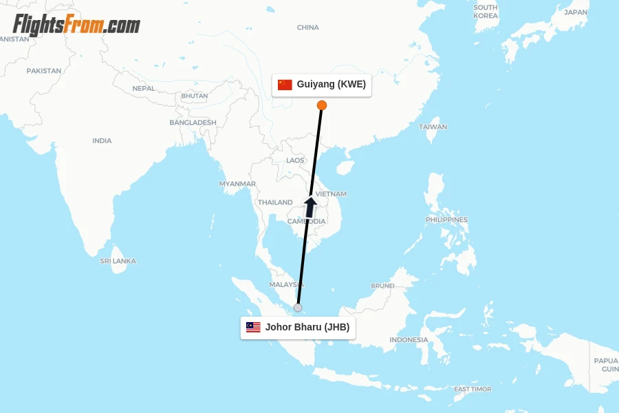 Flights from Johor Bharu to Guiyang route map