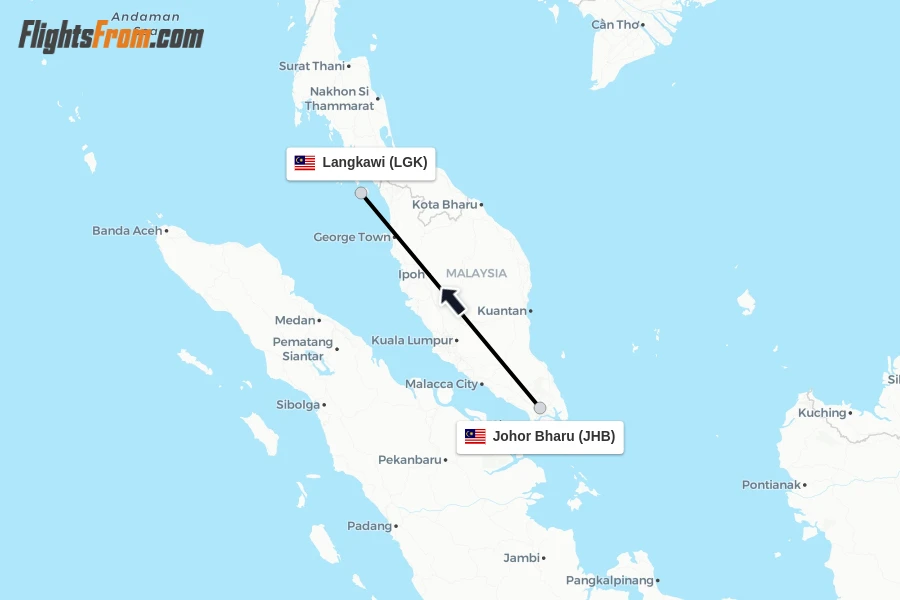 Flights from Johor Bharu to Langkawi route map