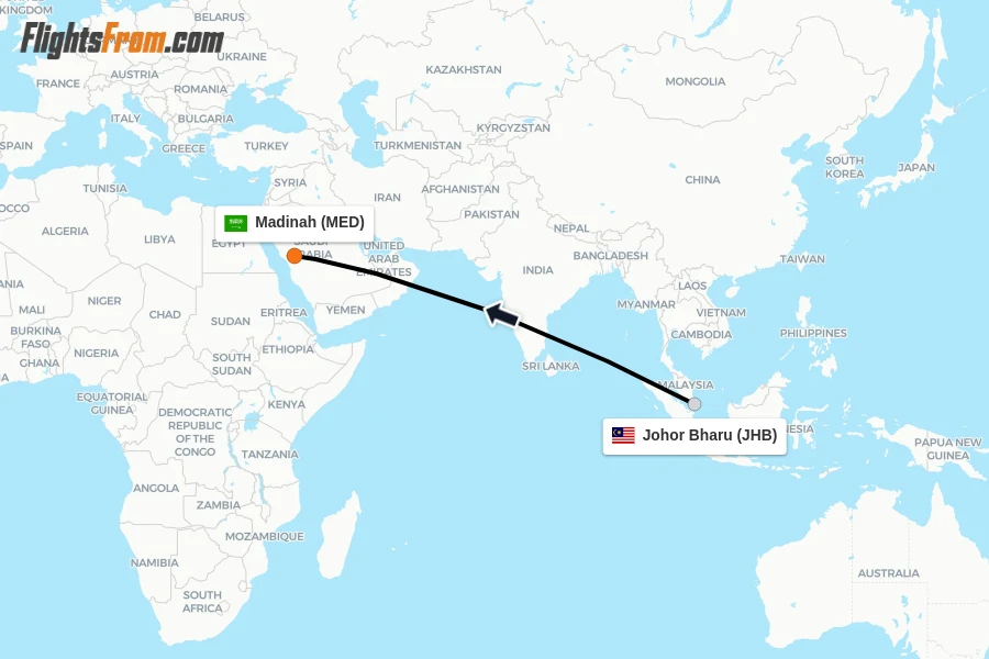 Flights from Johor Bharu to Madinah route map