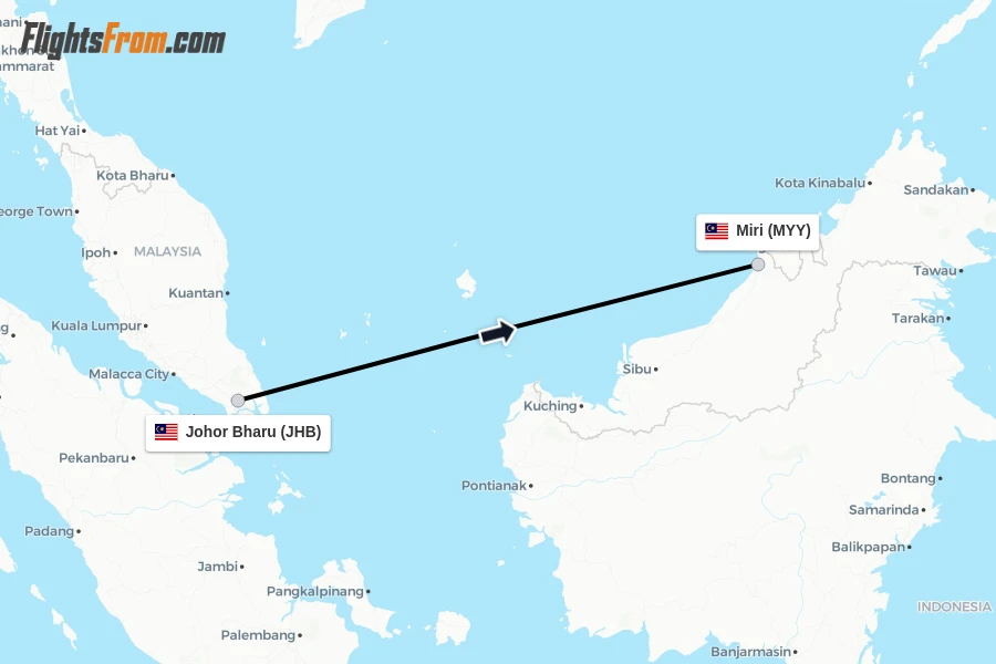 Flights from Johor Bharu to Miri route map